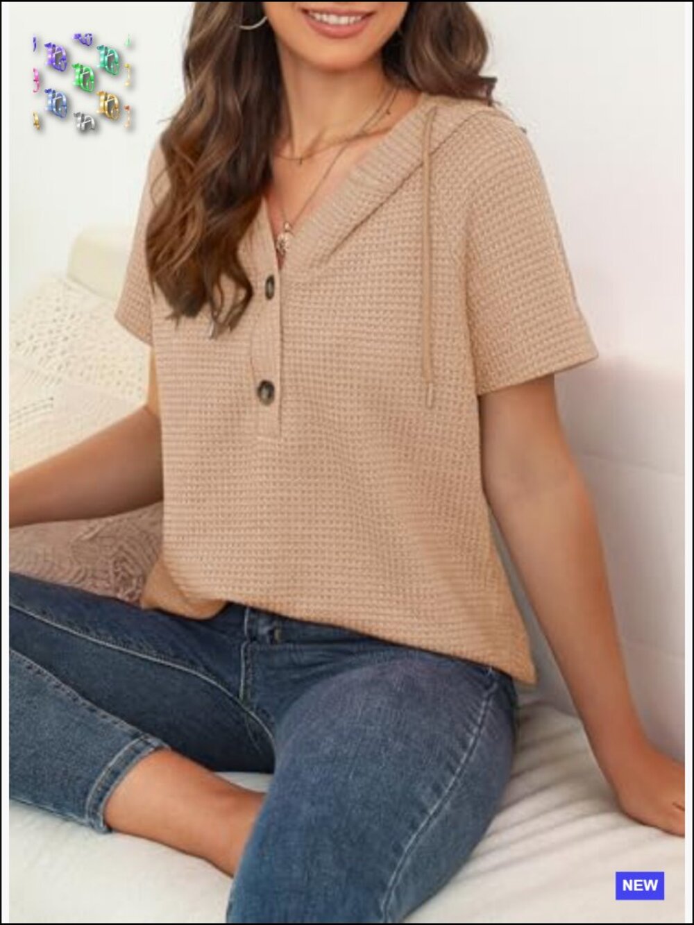 Waffle Knit Short Sleeve Hoodie Casual Button V Neck Lightweight Blouse - Picture 4 of 7